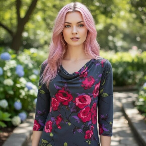 WESTON WEAR ANTHRO Cowl Neck Blouse S Top Shirt Watercolor Floral Gray Draped - Picture 13 of 13